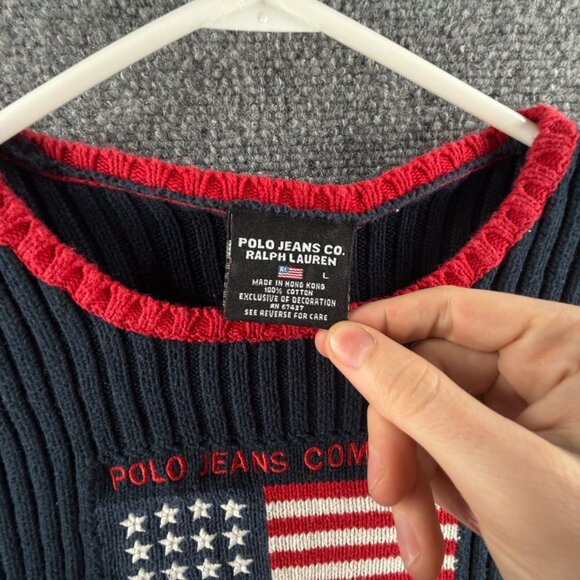 Ralph Lauren Polo Jeans Women Flag Sweater Large Short Sleeve Ribbed Red Blue - Picture 11 of 14